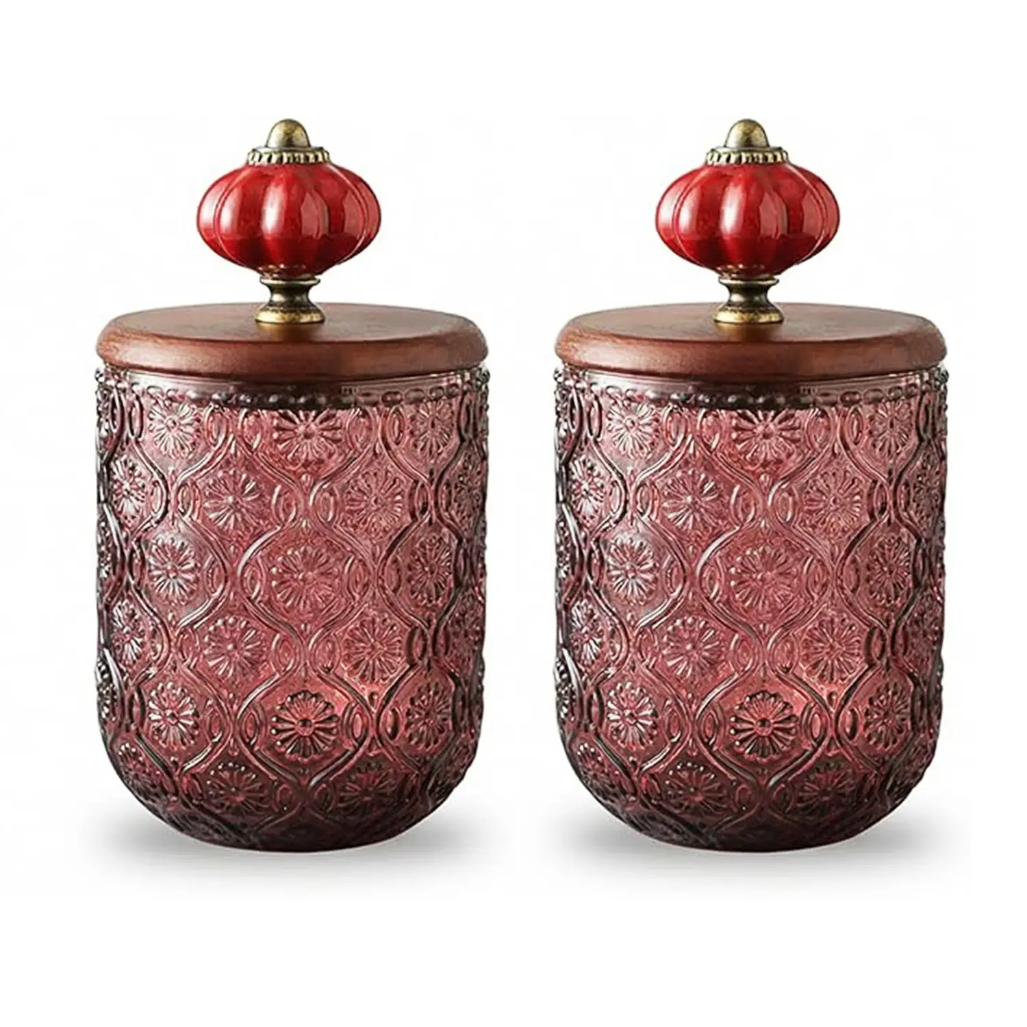 Vintage Transparent Sturdy Glass Preserving Containers Set - Kitchen Storage Canisters with Pumpkin Porcelain Ball Wooden Lids, Reusable, Dishwasher Safe, Won't Leach Chemicals, Won't Discolor, Kitchen Organization Gift Idea, No Chemical Leaching