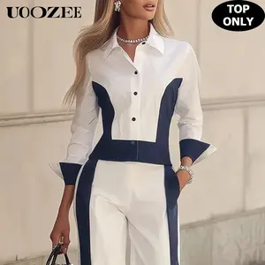UOOZEE Women's 100% Cotton Chic Long Sleeve Color Block Button Down Blouse - Smooth, Adjustable Navy Lady Workwear (Tank Top Pairing Ready, Street Style, Casual Office Fit; 1 Size Up for C-Cup+; Blazer Pairing Ready, Top Only),summervibes