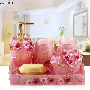 Bathroom Accessories Set-Pink Floral Texture Bathroom Set Soap Dispenser Toothbrush Holder Cup Soap Dish Tray Nordic Household Bath Storage Supplies