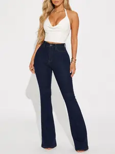 High Waisted Dark Denim Flare Jeans - Y2K Vintage Bell Bottom Pants Stretchy & Curvy Fit
