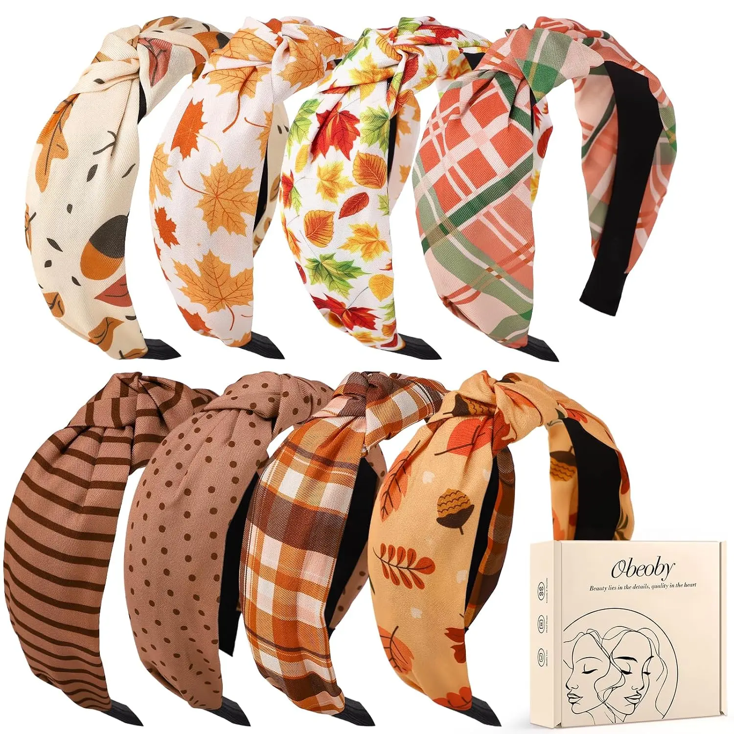 8 Pack Fall Headbands for Women, Thanksgiving Knotted Autumn Hairbands | Holiday Hairbands for Autumn Festive Gift, 8 Autumn Designs; Non-Slip Fit, for Thanksgiving, Parties, Gifting obeoby