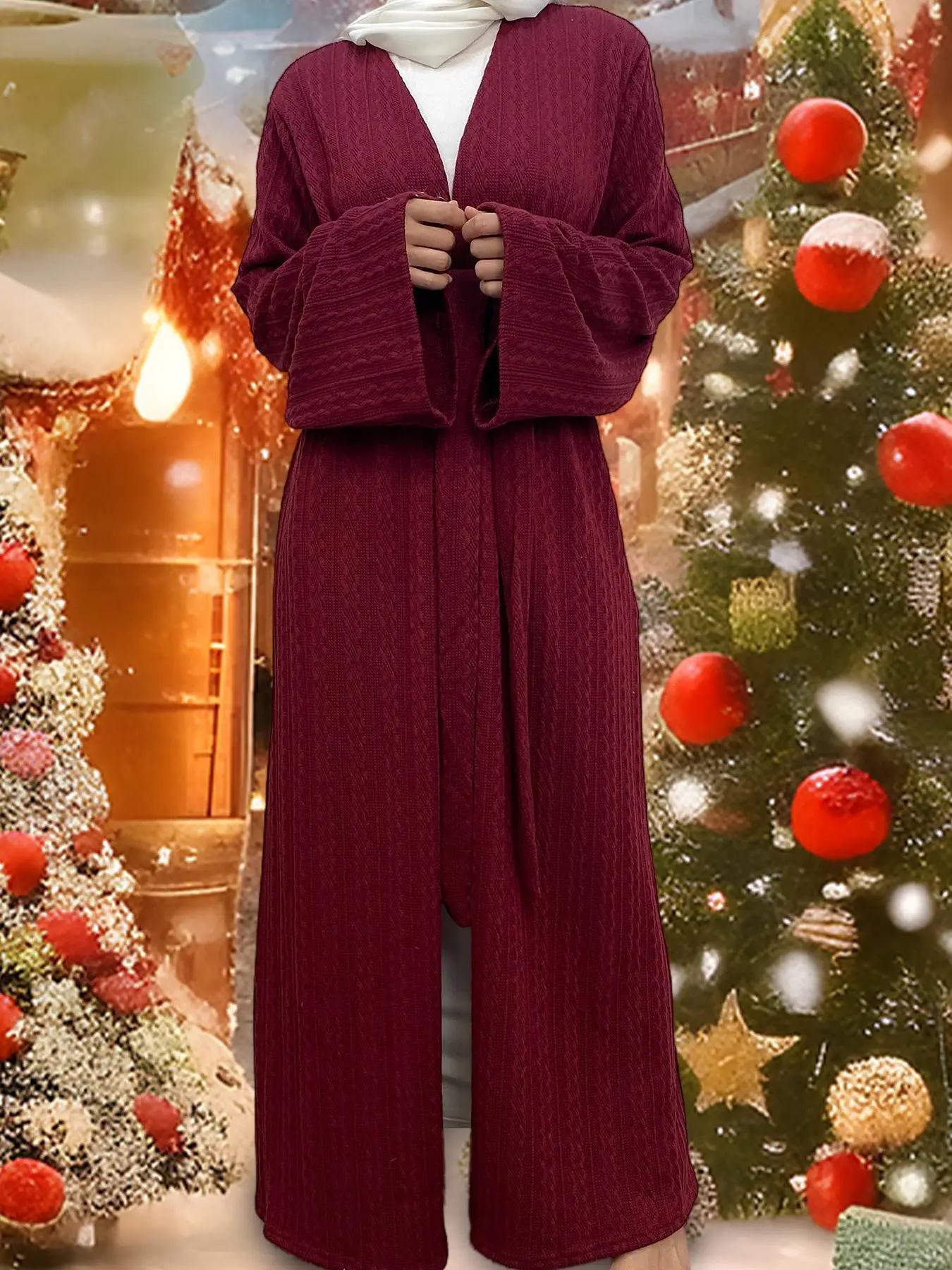 Women's Solid Belted Long Sleeve Open Front Knit Abaya, Elegant Fashion Casual Warm Abaya for Daily Outdoor Wear, Women's Islamic Clothing for Fall &