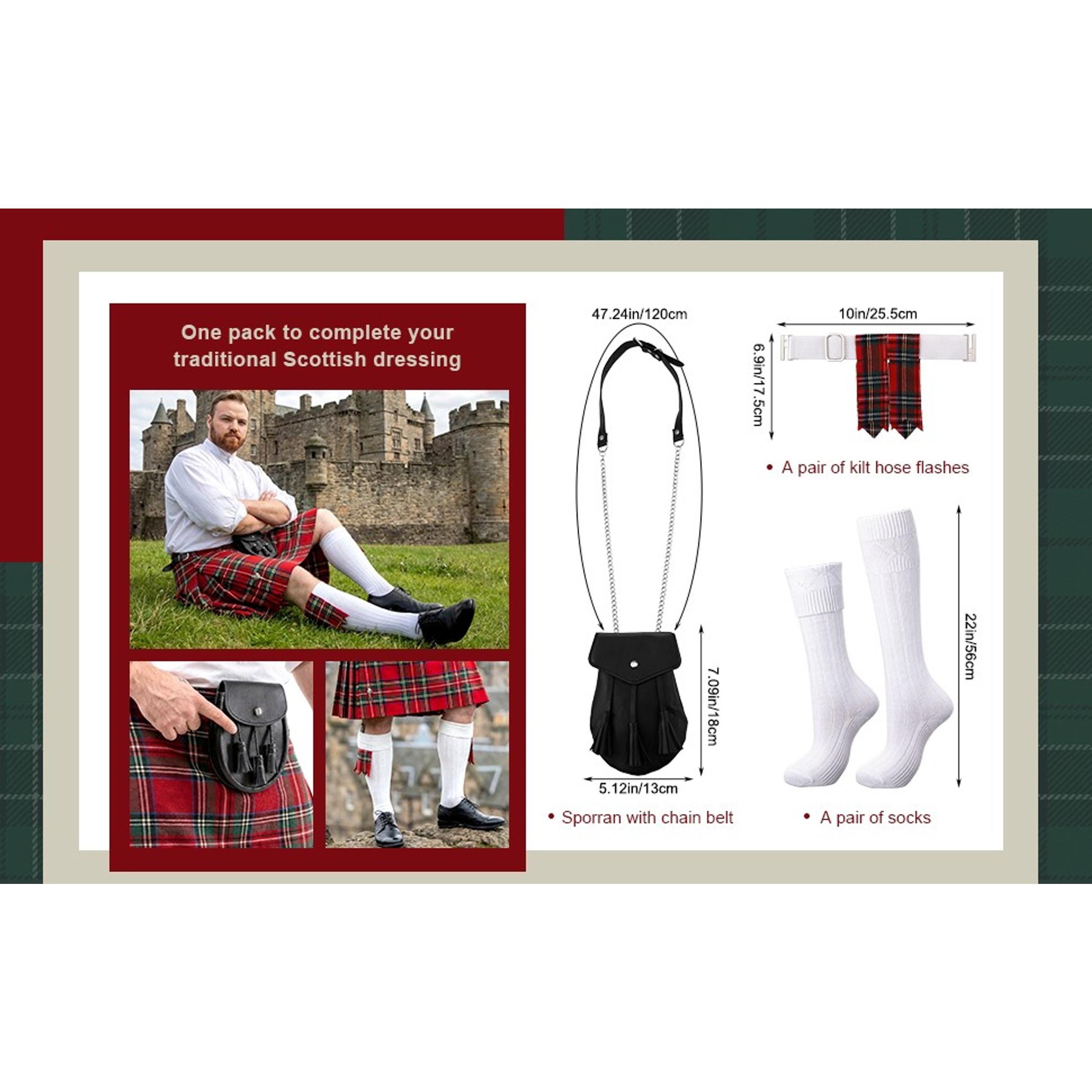 3 Pcs Men's Scottish Kilt Accessories Set - Traditional Tartan Hose Socks, Flashes & Sporran (Kilt Not Included)Gift