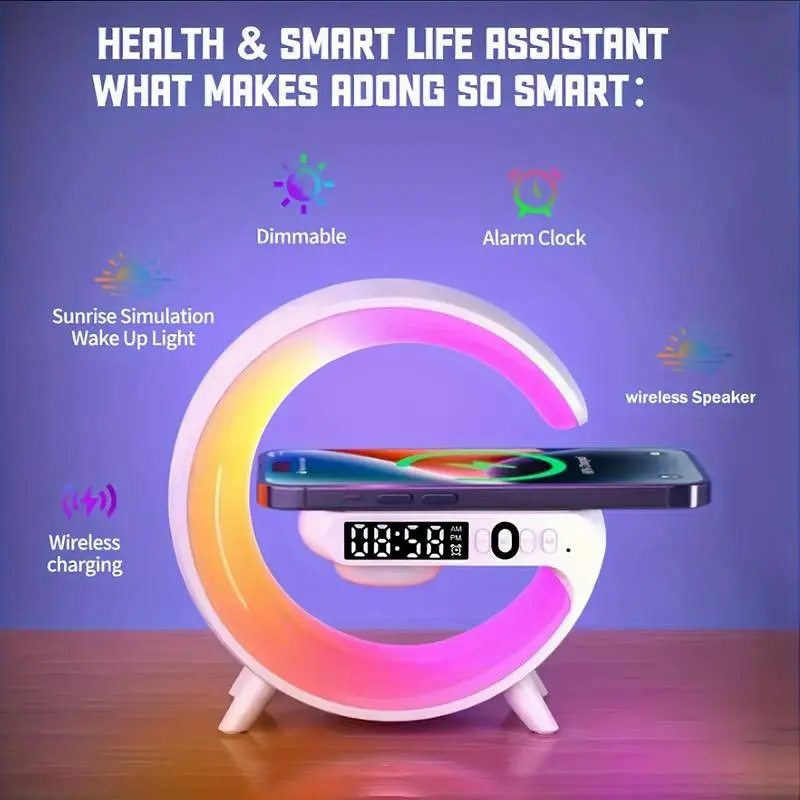 wireless speaker, Stereo output, Wireless connectivity, Bluetooth, phone charger, adjustable light alarm clock, sunrise simulation, night light, desktop mono audio system, USB Type-C, button control, 5.2 surround sound, rechargeable battery, bedroom