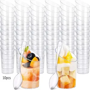 10 Piece Set Mini Dessert Cup with Spoon, Small Inclined Round Cup, Perfect for Sampling Snacks and Parfaits, Party and Event Disposable Cups, Plastic Cups