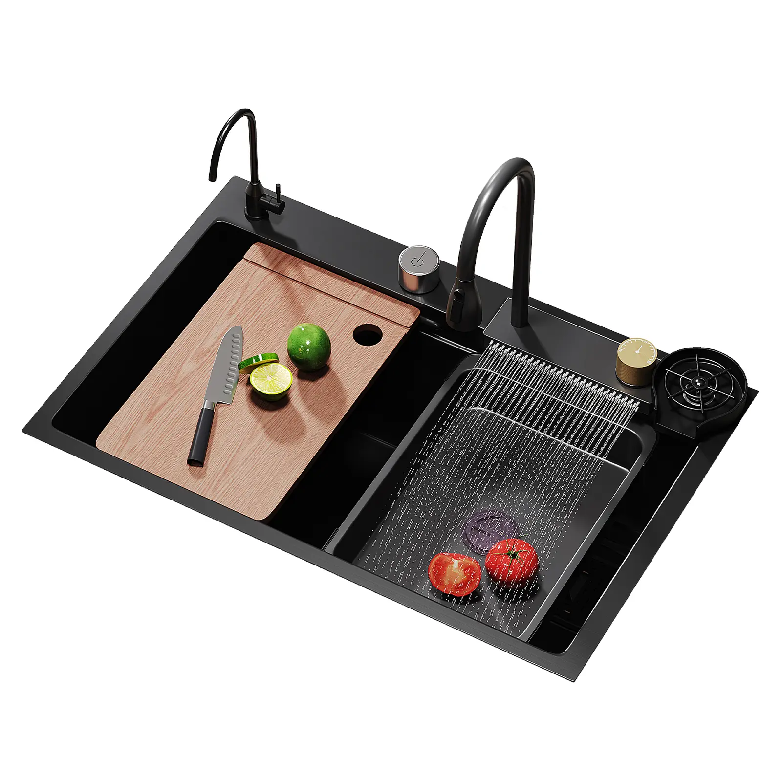 HYSTINKAT Matte Black Waterfall Sink Set with Pull-Out Faucet, Cup Washer & Drain Basket, Self-Install, Anti-Scratch, Quick Clean for Home Kitchen