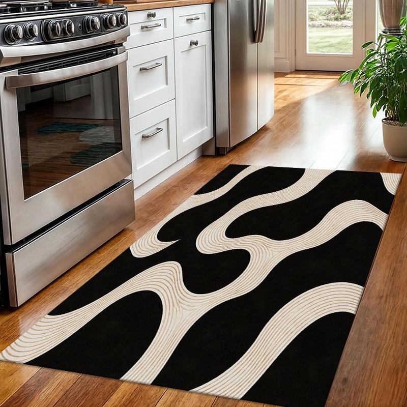 Black Cream Abstract Wave Pattern Runner Rug - Anti-Slip Base, Modern Minimalist Art Design, Machine Washable Fabric Home Decor Rug for Kitchen Floor, Entryway Use, Machine Washable Rugs