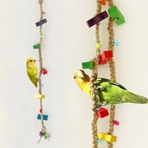 Parrot Climbing Rope with Colorful Wood Blocks, Natural Jute Swing, Durable Bird Toy, Chewable Wooden Blocks, Stress Relief Toy
