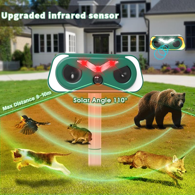 Solar Ultrasonic Flame Lamp Animal Repeller - Home Essentials, 3-9M PIR Motion Sensor, IP66 Waterproof Outdoor Pest Control Stake for Yard, Garden, Repels Squirrels, Deer, Birds, Rats, Weasels, Mosquitoes