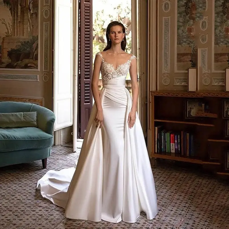 chinese dress ladies Sheer V-neckline Pink Mermaid Wedding Dress with Tulle Train   loveangeldress