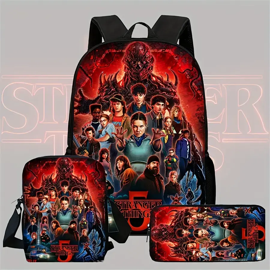 Unisex Chic Athletic 3-Piece Multi-Function Stranger Things 5 Style Set - 1 Backpack, 1 Lunch Bag, Crossbody Bag, Pencil Case, Adjustable Strap, Zipper Closure, Back to School Haul for Kids, Friend, School Travel, Do Not Wash