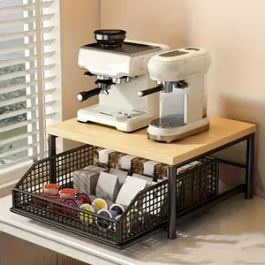 1pc Space Saving Kitchen Countertop Storage Rack With Drawers And Mesh Baskets, Suitable For Coffee Machines, Tableware, Spices - Durable Home Organizing Rack, Microwave Storage Rack