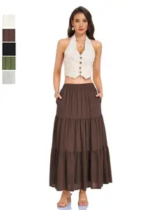 High-Quality Cotton-Linen Women's Bottom Skirt: High-Waisted with Adjustable Elastic Three-Part Belt, Pocket-Equipped, American Fashion Style, Casual Loose Fit, Ideal for Commuter modern design everyday essential