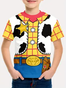 Toy Story Woody Cowboy Cosplay Print Short Sleeve T-Shirt, Plaid Casual Top, Slim-Fitting, All Seasons