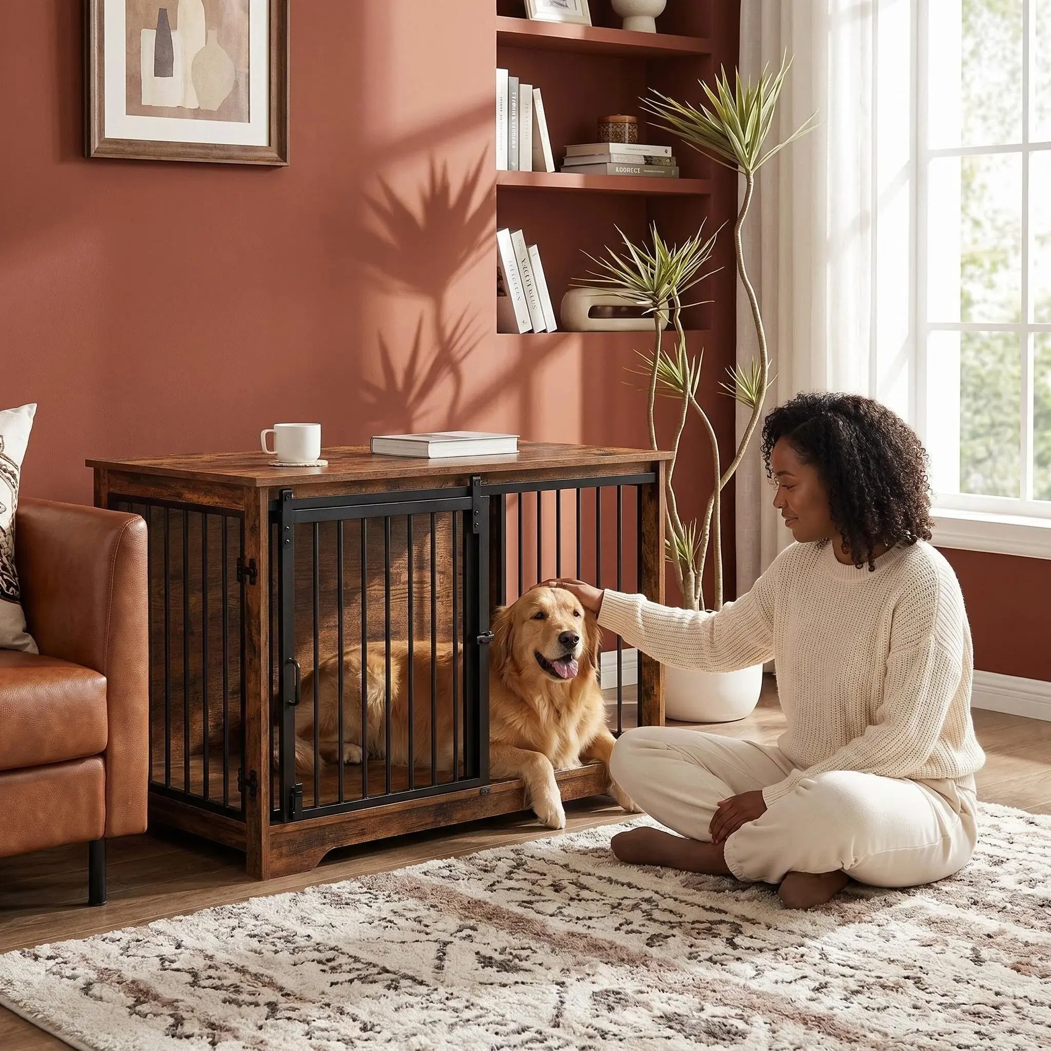Hzuaneri 39.3" Dog Crate Furniture with Barn Door, Heavy Duty Dog Kennel Indoor with 2 Doors, Wooden Pet Cage End Table for Large Small Medium Dogs, Anti-Chew Anti-Escape