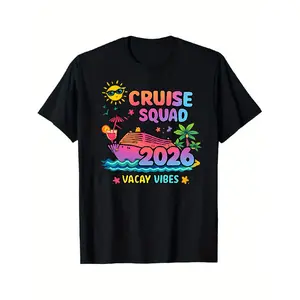 "Boarding the Ship" 2026 Family Trip Cruise & Beach Print T-Shirt - Breathable Summer Crew Neck Tee Suitable for Cruise Vacations, Casual Travel Outfits, Vacation Wear - Comfortable Stretch Fabric