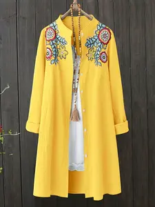Plus Size Women's Spring & Fall New Arrival Mid-Length Embroidered Open Front Shirt, Casual Fashionable Long Sleeve Top Embroidery