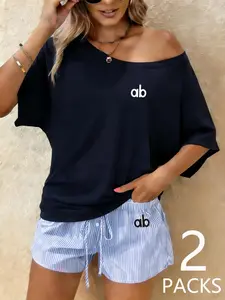 Women's Casual Loose Fit One Shoulder Top & Striped Shorts Set, Striped Printed Set, Summer Fashion, Matching, Perfect for Outdoor, Shopping, Party, Womenswear