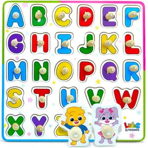 Lucas & Friends ABC Puzzle for Toddlers, Wooden Montessori Toys for Baby Boys and Girls, Peg Puzzle Board for Preschool Kids