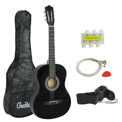 ZENY 38-in Classic Shape All-Wood Lightweight Right-Hand 6-String Acoustic Guitar Kit for Beginners - W/Case, Shoulder Strap, Tuner, Pick, Guitar Learning Tools, Easy Grip, Bright Sound, Black, Smooth Wood Frets, Classic Shape, Easy Grip, 1 X 38'' Acousti