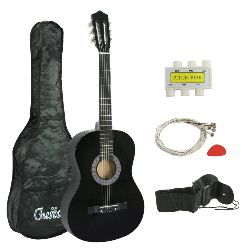 ZENY 38-in Classic Shape All-Wood Lightweight Right-Hand 6-String Acoustic Guitar Kit for Beginners - W/Case, Shoulder Strap, Tuner, Pick, Guitar Learning Tools, Easy Grip, Bright Sound, Black, Smooth Wood Frets, Classic Shape, Easy Grip, 1 X 38'' Acousti
