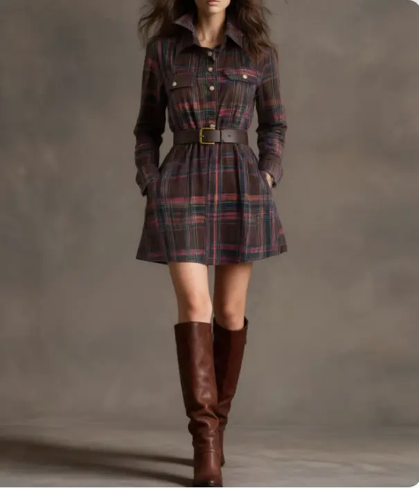 Women's Vintage-style Long-sleeved Plaid Short Dress with Pockets—chic and Stylish