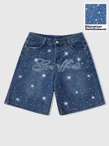 Men's Casual Graphic Letter Rhinestone Jeans Shorts, Loose Fit, Breathable, Natural Waist, Ideal for Daily Commute, Outdoor Activities, Social Gatherings