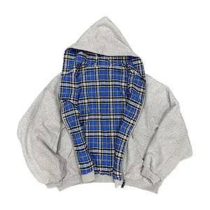 Grey Casual Spring Oversized Reversible Hoodies Women Men Streetwear Clothes Hoodie With Plaid Lining Sweatshirt Streetwear Tops Fashion Menswear Pullover Cotton Material