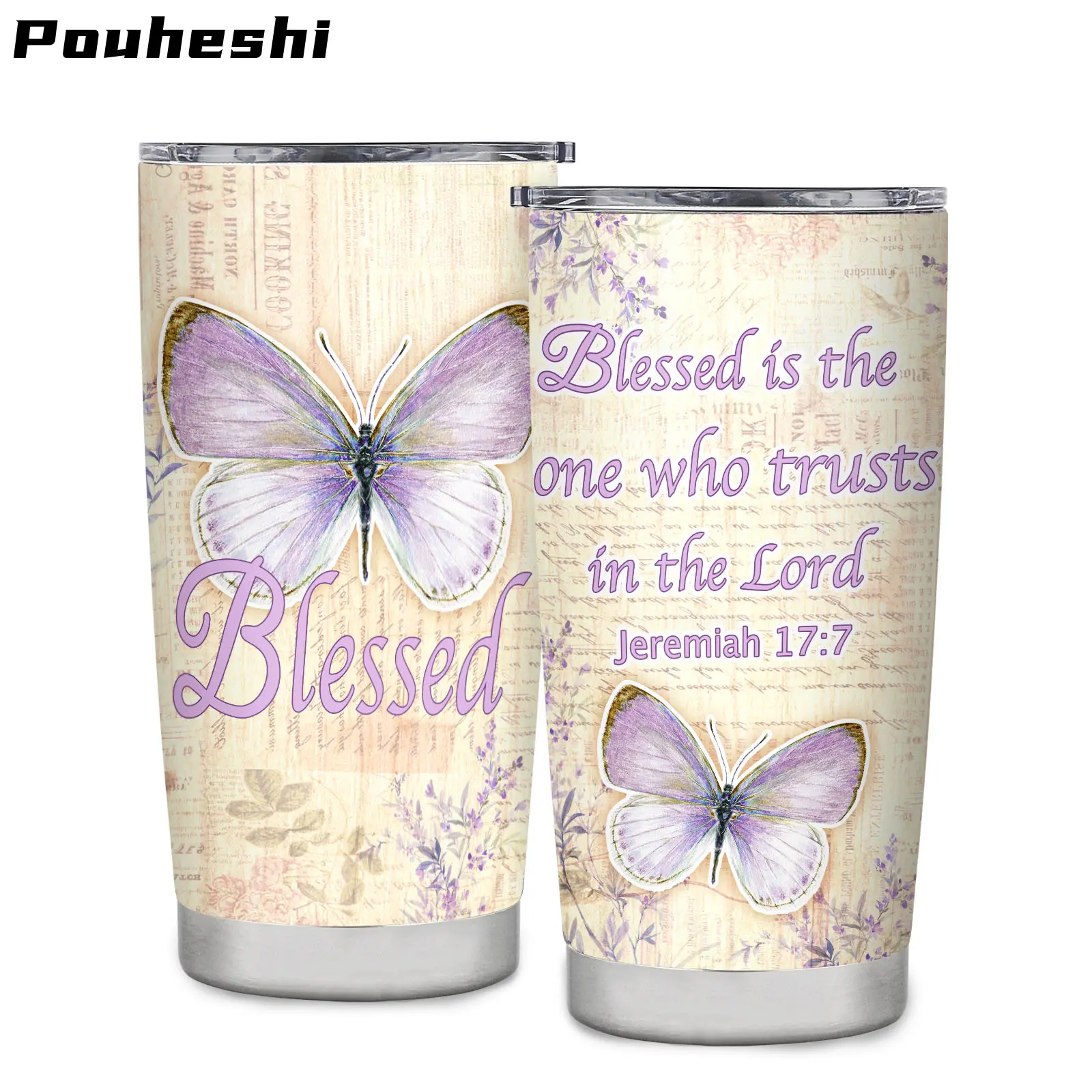 20oz Stainless Steel Insulated Tumbler, Blessed Is The One Who Trusts In The Lord Jeremiah 17:7 Bible Verse Coffee Mug, Vintage Purple Butterfly Floral Christian Religious Inspirational Gift For Women Faith Scripture Travel Cup