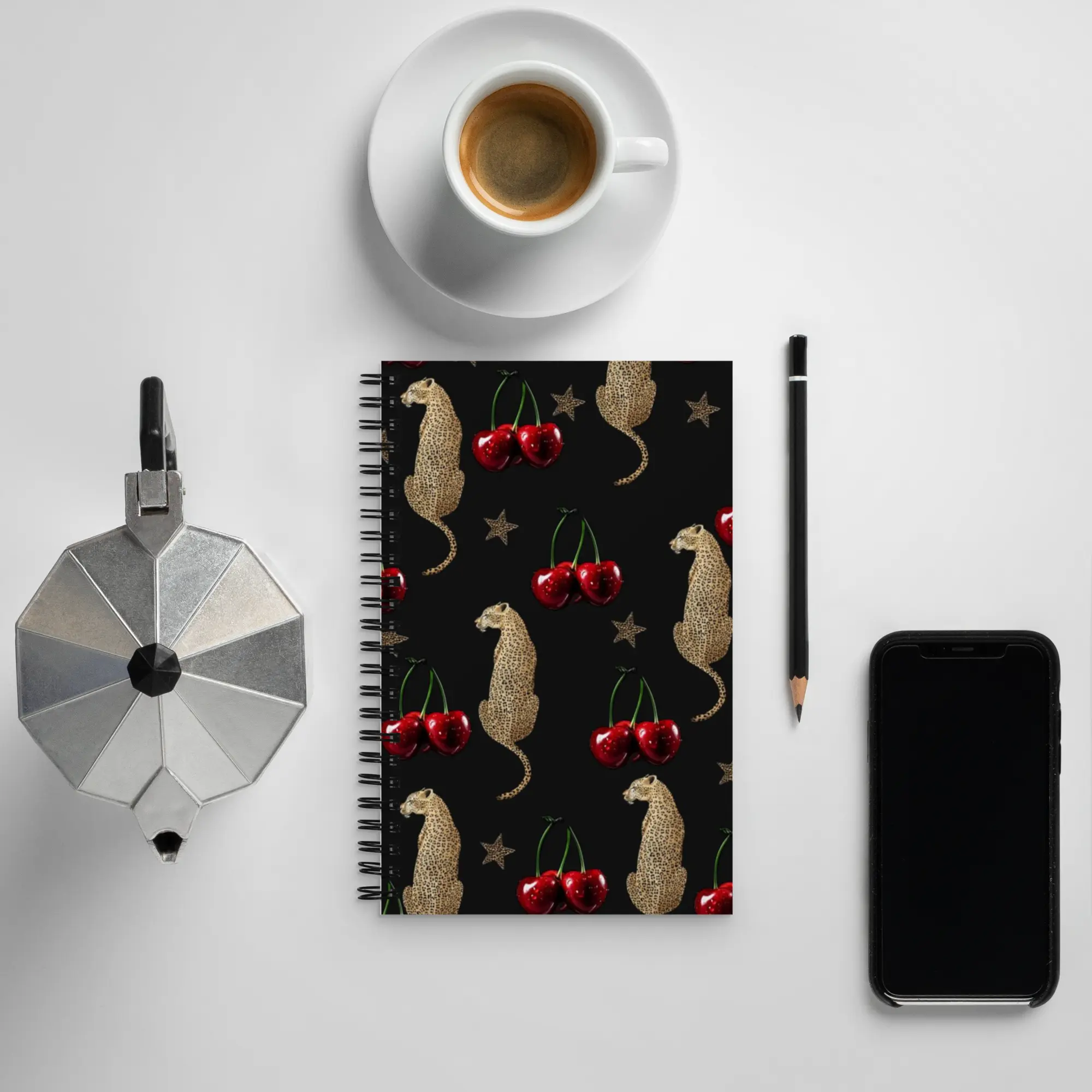Cheetahs & Cherries Spiral Notebook Custom Wire-Bound Soft-Touch Cover 140 Dotted Pages 5.5″ × 8.5″ US & EU Fulfilled Motivate Your Notes