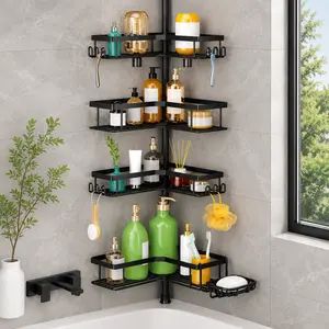 25-114" No-Drill Floor-to-Ceiling Organizer with Soap Holder, Hooks for Shampoo/Loofah, Quick-Assembly Shelves for Bathroom/Rental Home, Metallic Shower Organiser,No Drilling,Rustproof,Space Saving
