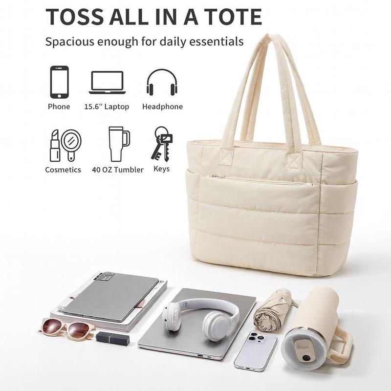 Five Season Home 20L Puffy Quilted Tote Bag for Women, Lightweight Bubble Nylon Laptop Shoulder Bag with Multiple Compartments for Work, Travel, and College