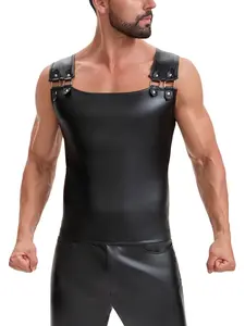 Men's Soft Matte Leather Elastic Vest, Shiny Metal Color Sexy Halter Top, Pure Color Slim Fit Metal Buckle Backless Club Style