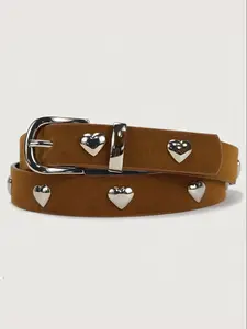 Western Style Unisex Belt, Faux Leather Heart Rivet Design, Perfect for Dresses & Jeans, Ideal for Parties & Daily Wear