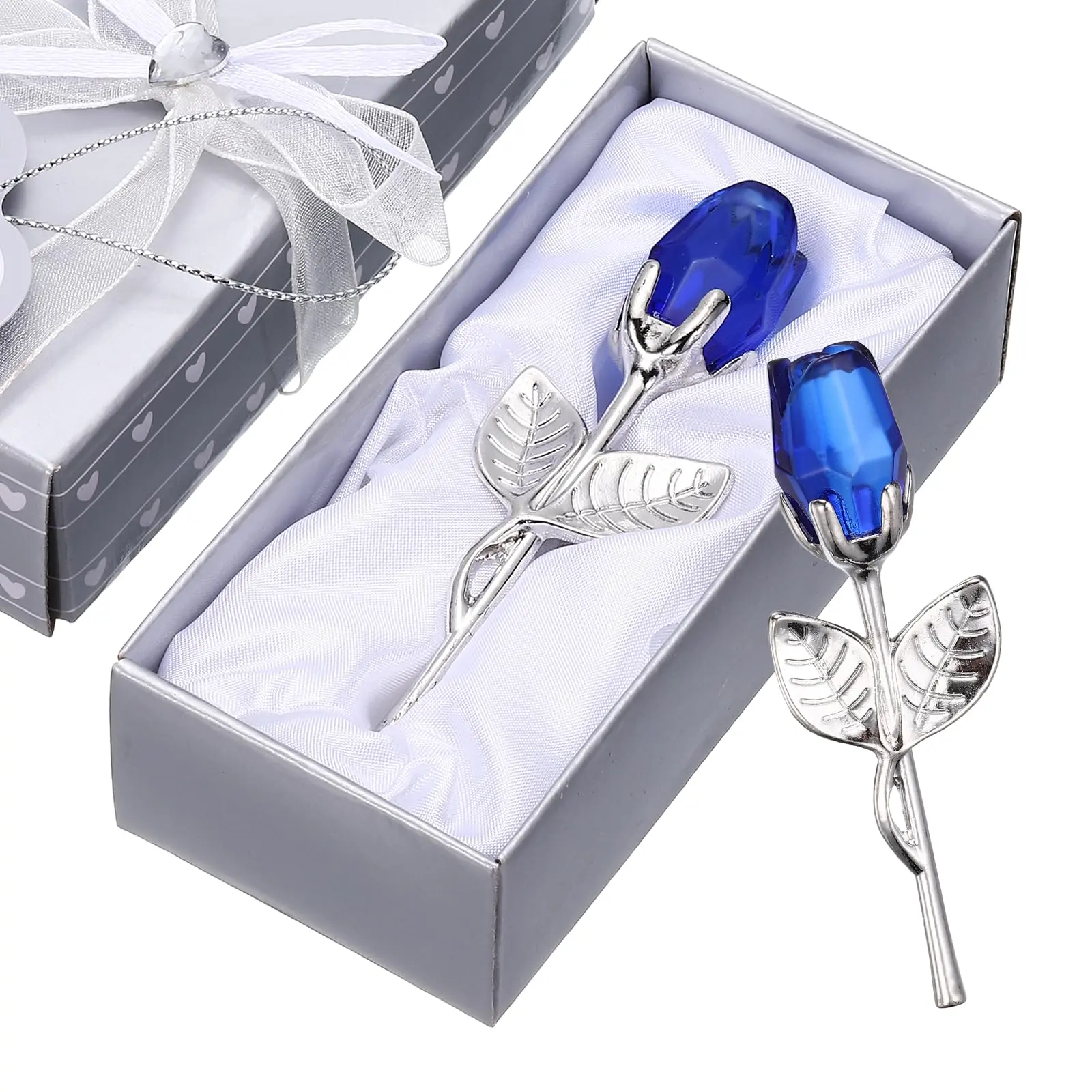 Luxury Silver-Plated Metal Crystal Rose Handheld Ornament Set - 2-Piece Dual-Color (Red, Blue) Decorative Romantic Elegant Eternal Love Keepsake with Gift Box for Anniversary, Home Supplies