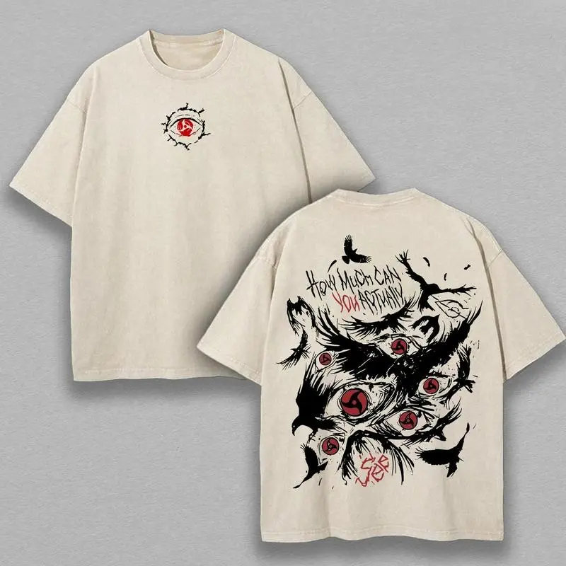 Men's Retro Uchiha Itachi Naruto Anime Short-Sleeve Round Neck Casual Heavy Cotton T-Shirt - Unisex Menswear Tee, Gift for Anime Fans, Tshirt, Top, Shortsleeve, Character Art, All Seasons, Washed Look, Retro Unisex, Uchiha Print, Fitted Cut, Crew Neck, Cl