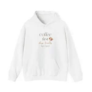 Men's Coffee First Hoodie - Casual Style Tops with 'Coffee first, deep breathe, go ahead' Print, Cozy Pullover, Soft Fabric, Kangaroo Pocket