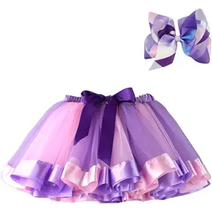 KF5-GCS032  Layered Ballet Tulle Rainbow Tutu Skirt for Little Girls Dress Up with Colorful Hair Bows