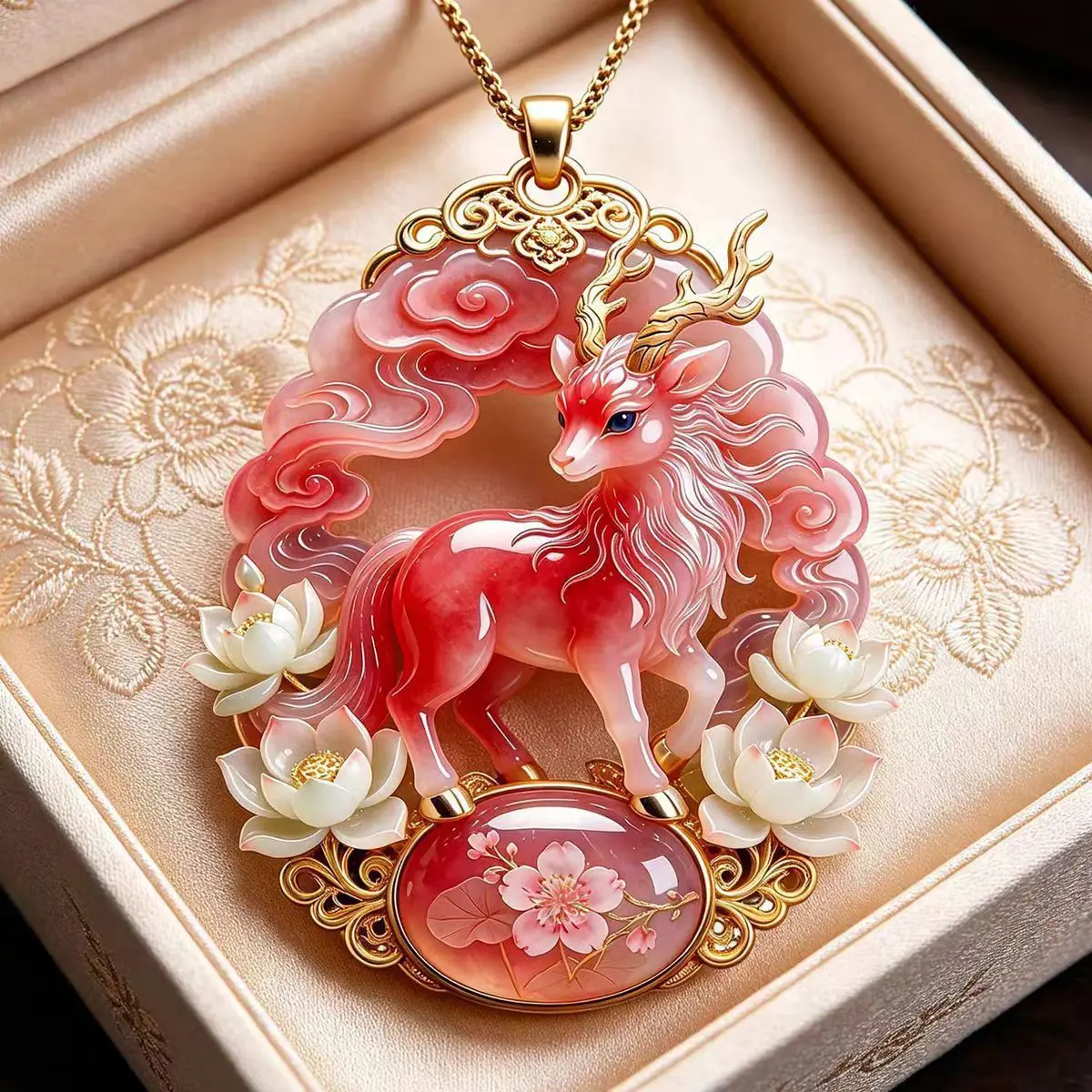 Pink Auspicious Deer Necklace with Bai Ze Versatile Pendant, Light Luxury Premium Exquisite Embossed Metal Enamel Charm, Ideal Gift for Friends