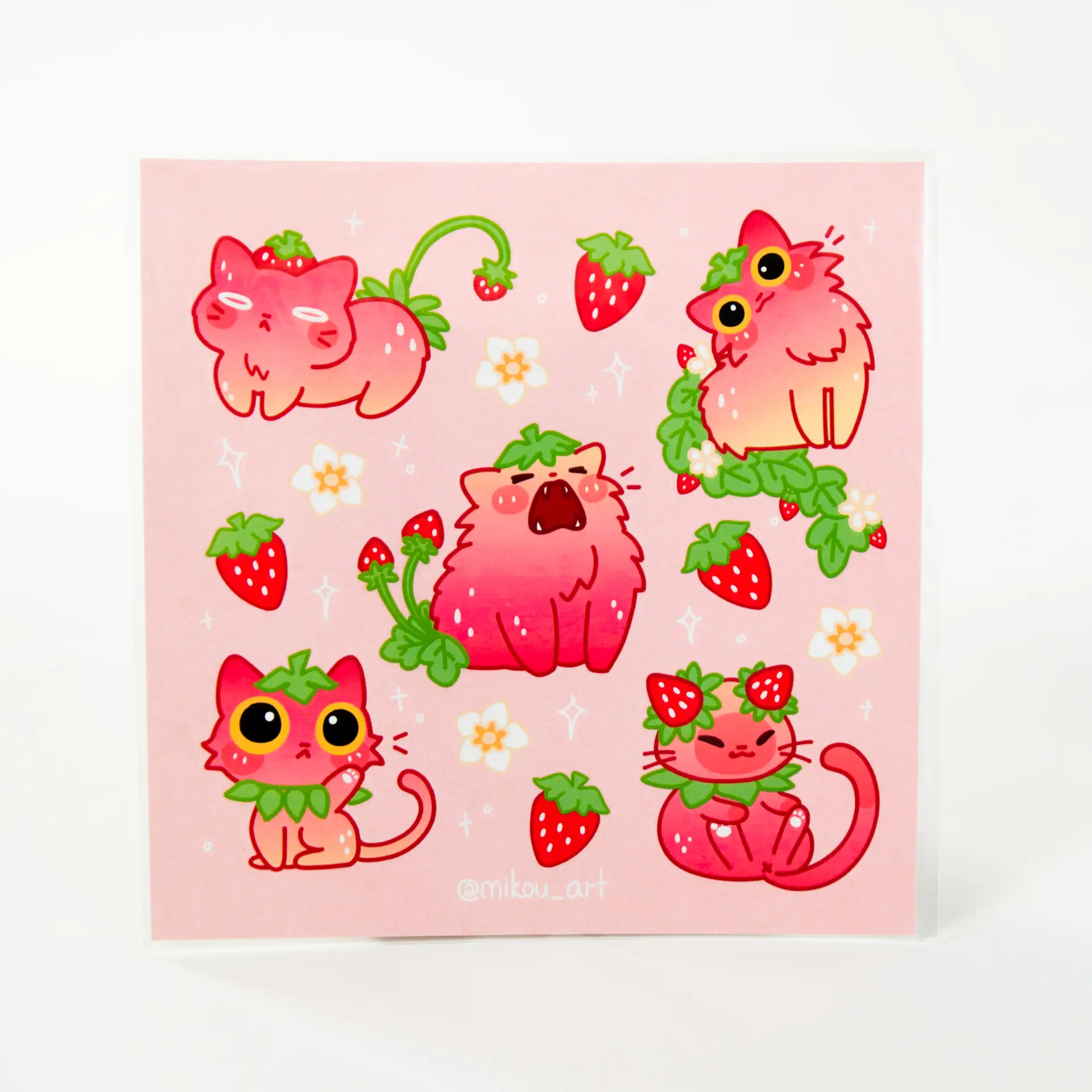 Mikou Original Art Whimsical Strawberry Cat Collage Vinyl Decal Stickers Kit, 5.5x5.5 in Fade-Resistant DIY Decal Film, Funny Home Decor Stickers, Funny Stickers
