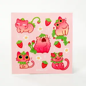 Whimsical Strawberry Cat Collage Vinyl Sticker Sheet | 5.5x5.5 inch | Mikou Original Art
