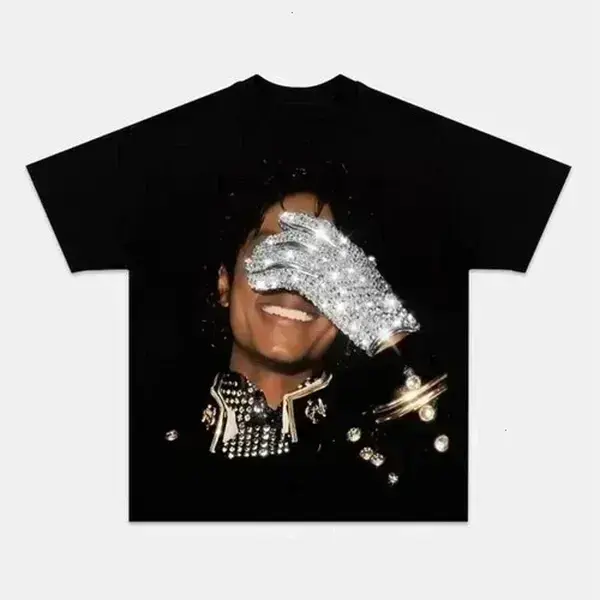 Vintage Michael Jackson Silver Rhinestone Glove Graphic T-Shirt, King of Pop MJ Retro Concert Tee, Pop Music Fan Gift Unisex Black Cotton Oversized Casual Top Printed in USA