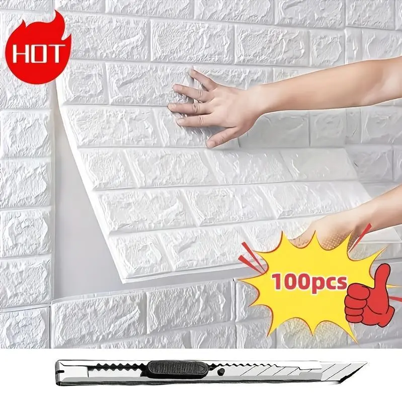 100pcs Ultimate 3D Wall Sticker Panels - Self-Adhesive Foam Brick Wallpaper - Waterproof, Realistic Effect - Ideal for Living Room, Bathroom, Kitchen & Bedroom Decor - Easy Install, Durable