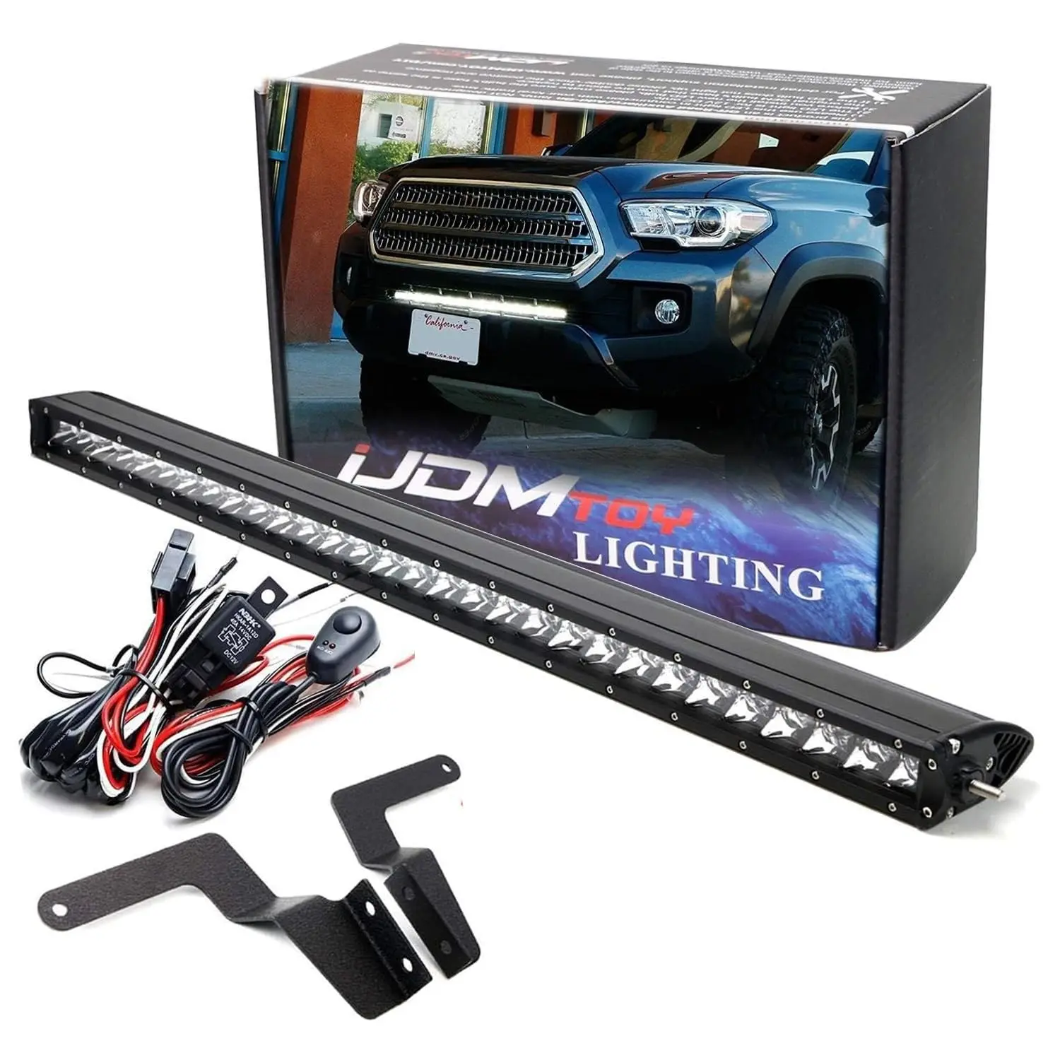 iJDMTOY Lower Grille Mount 30-Inch LED Light Bar For 2016-23 Toyota Tacoma, Includes (1) 150W High Power LED Lightbar, Lower Bumper Opening Mount Brackets & On/Off Switch Wiring Kit