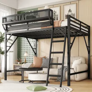 Full Size Loft Bed with Ladder, Heavy-Duty Metal Loft Bed Frame with Storage Shelves, High Loft Bed Frame, Noise Free, Space Saving Design