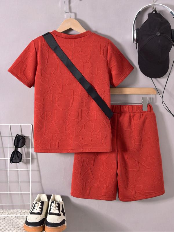 Three-piece Set Boy's Letter Pattern Co-ord Set, Casual Short Sleeve T-shirt & Shorts & Crossbody Bag, Summer Clothes for Kids