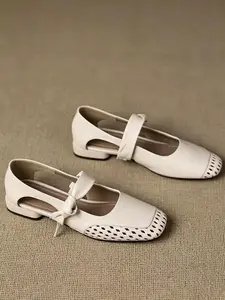 Women's Hollow Out Square Toe Mary Jane Flat Shoes, Retro Textile Herringbone Strap, Breathable Soft Leather Low Heel, Casual & Commute