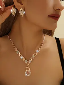 2pcs Rhinestone Jewelry Set, Luxury Wedding Necklace and Earrings, March Birthstone Gift, Retro Alloy Style for Daily Wear, Vintage Touch