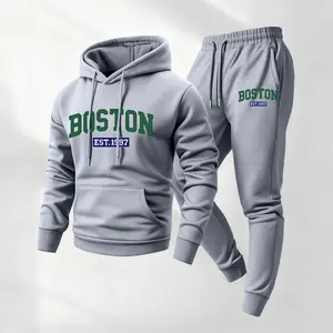 Men's Boston Letter Printed Hoodie and Drawstring Sweatpants Set, Menswear, Casual Athletic Long Sleeve Hooded Jacket & Trousers for Fall & Winter, Men's Clothing for Daily Wear, Sportswear Indoor Outdoor, Tracksuit, Athleisure Summer Clothes