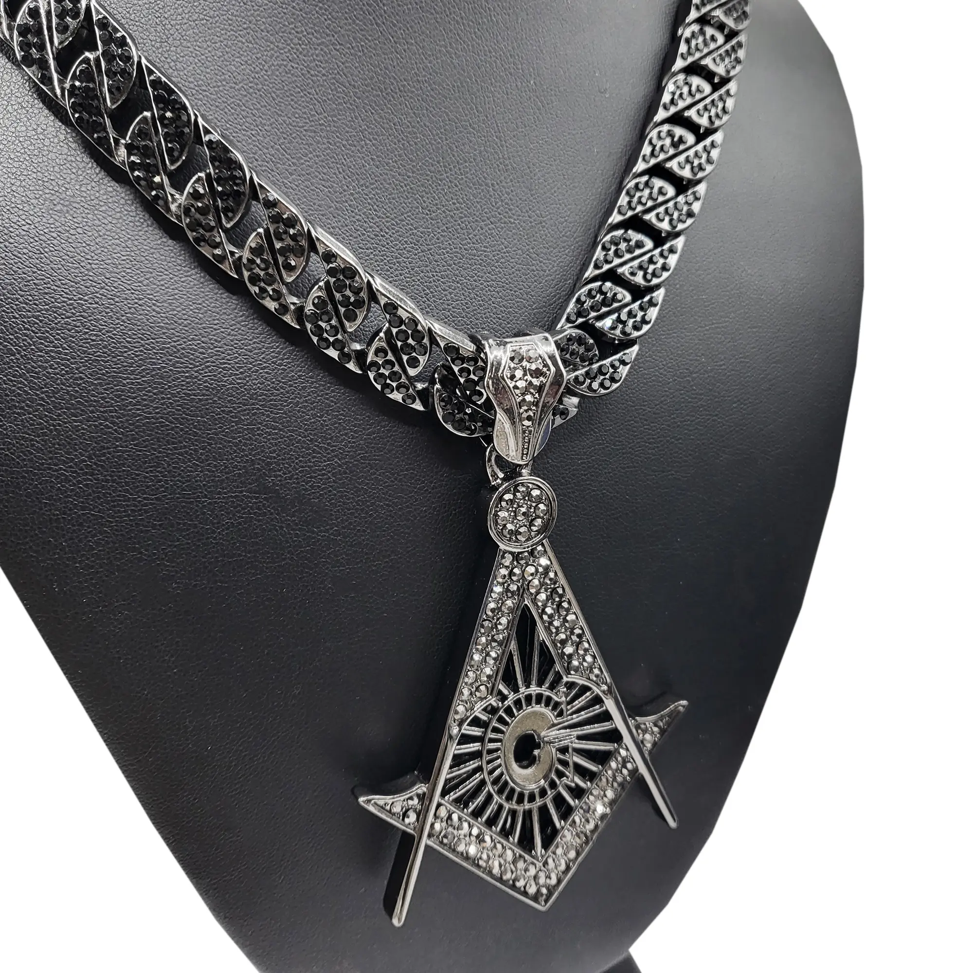 MaxBling81 Men's Large Masonic Hematite Hip Hop Celebrity-Style Pendant with Iced Cubic Zirconia Stones, 15mm Long 24" Miami Cuban Link Chain, Costume Jewelry Chain Link Necklace, Chain Link Necklaces
